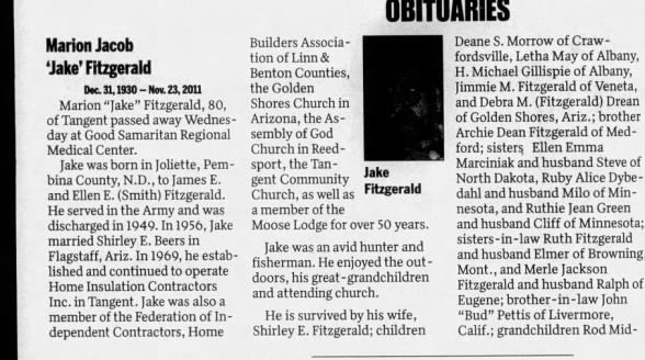Obituary for Marion Jacob Fitzgerald (Aged 80)
